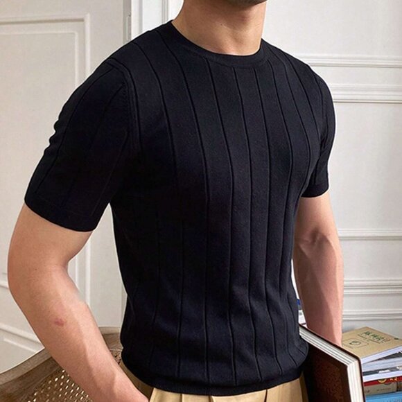 Black Preppy Womens Men Solid Ribbed Knit Top - Picture 3 of 3